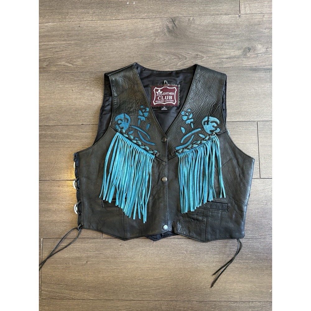 Leather Club Womens‎ LARGE Motorcycle Vest Black Fringe TURQUOISE Rose INLAYED